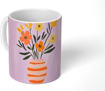 Mok - Koffiemok - Vaas - Gestreept - Bloemen - Oranje - Mokken - 350 ML - Beker - Koffiemokken - Theemok