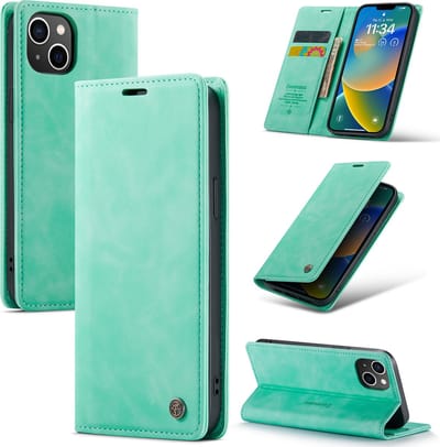 Casemania Hoesje Geschikt voor Apple iPhone 14 Tropical Mint - Dunne Portemonnee Book Case - Slim Wallet Case met Pasjeshouder