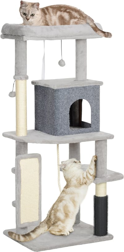 PawHut Kratzbaum 132 cm Katzenbaum mit Katzenhöhle, Spielball, Katzenkratzbaum mit Sisal-Kratzsäulen, für Katzen bis 6 kg, Hellgrau