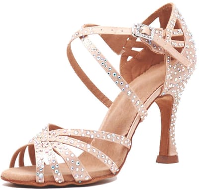 Damesdansschoenen met open teen, gekruiste bandjes en siersteentjes, geschikt voor tango, ballroom, latin- en moderne dans, schoenen voor bruiloften en feesten