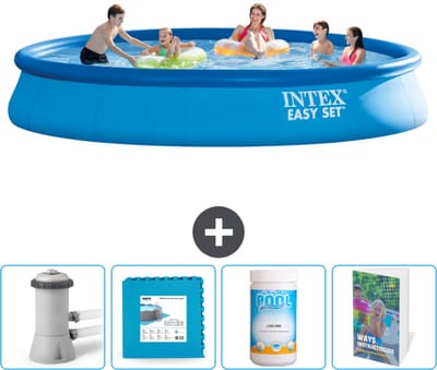 Intex Rond Opblaasbaar Easy Set Zwembad - 457 x 84 cm - Blauw - Inclusief Pomp Vloertegels - Chloor - Zwembadgids