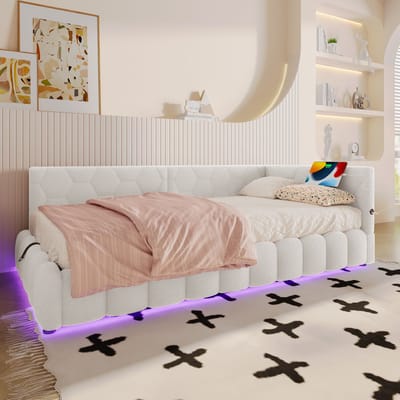 DESMIU Gestoffeerd Bed 90x200cm Zonder Matras – Hemelbed Met Hydraulische Opbergruimte – Led Lichtbalk, Usb En Type-C – Jeugdkamer – Wit