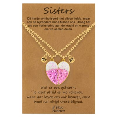 BFF Ketting voor 2 'Sisters' - Roze Glitter Hartje - Vriendschapsketting op Cadeau Kaartje - 45cm + 5cm verstelbaar - Goudkleurig - Best Friends Hanger - Pax Amare