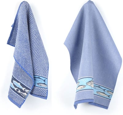Luxe Keukendoek en Theedoek Vis Royal Blauw van Bunzlau Castle | 100% Biologisch Katoen | Keukendoek 60x53cm en Theedoek 65x65cm