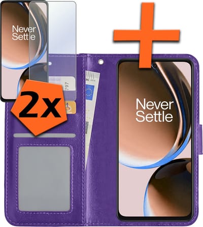 Hoes - Met 2x Screenprotector - Geschikt voor OnePlus Nord CE 3 Lite - Luxe Pasjeshouder - Bookcase Portemonee - Flip Case - Kunstleer Book Case - Flipcase Hoes - Book Cover - Walletcase - PortemonneeHoes - Paars