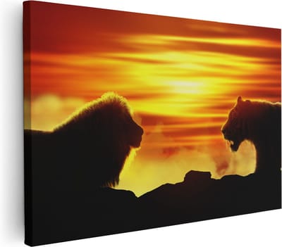 Artaza Canvas Schilderij Dierenkop Leeuw En Tijger - 30x20 cm - Klein - Wanddecoratie Woonkamer - Muurdecoratie Dieren - Kamer Accessoires