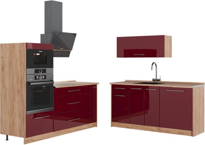 Vicco Keuken Fame-Line, Bordeauxrode hoogglans/Goudkleurig Eiken, 340 cm zonder werkblad