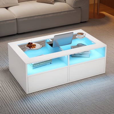 REDOM Salontafel 100x50x35 cm van glas en spaanplaat, met LED en 2 lades