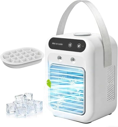Draagbare persoonlijke luchtkoeler | USB oplaadbare waterkoeler | Lichtgewicht en stil | Geschikt voor kantoor/auto/reizen (1 stuk) (draagbaar + ijsblokjesbakje)
