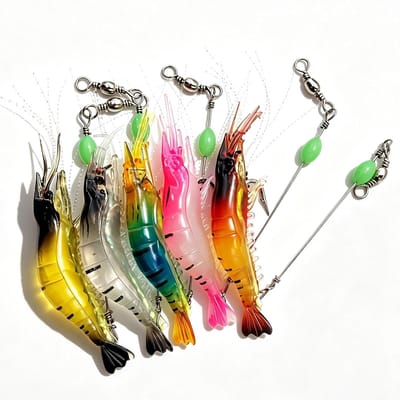 SnelShoppen - 5 Stuks Valse Garnalen Aas Haken Lichtgevend 9 cm | Vliegvissen Baars Zeevis | Polyvinylchlorid | 5,7 g | 5 Kleuren