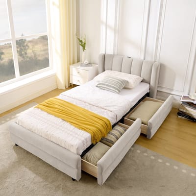 MODFU - Bedframe 90x200 cm – Chenille met 2 lades & USB/Type-C – Beige