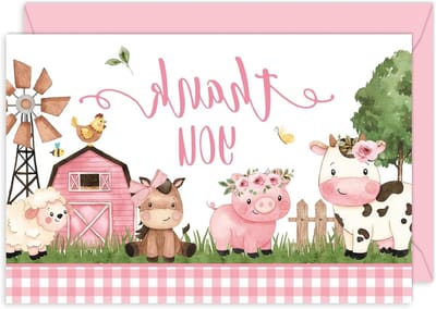Bedankkaart Boerderijdieren - Wenskaart Notitiekaart - Dankbaarheid Uiten - Roze Boerderij Thema - 105 x 155 cm - Roze