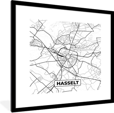 Fotolijst incl. Poster Zwart Wit- België – Hasselt – Stadskaart – Kaart – Zwart Wit – Plattegrond - 40x40 cm - Posterlijst