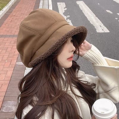 Chapeau de pêcheur d'automne et d'hiver avec polaire pour protection contre le froid, protection des oreilles, chapeau cloche décontracté en laine d'agneau, béret octogonal average size (54-57cm) black