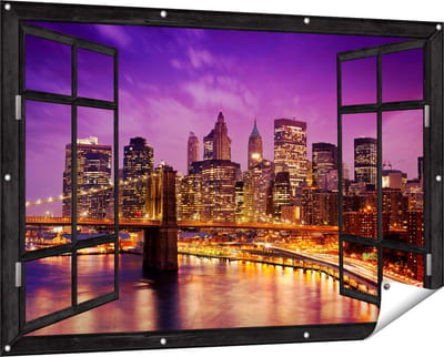 Gards Tuinposter Doorkijk Skyline New York van Centrum in het Paars - 150x100 cm - Tuindoek - Tuindecoratie - Wanddecoratie buiten - Tuinschilderij