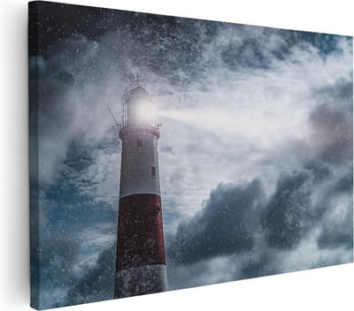 Artaza Canvas Schilderij Vuurtoren - 30x20 cm - Klein - Wanddecoratie Zee - Muurdecoratie Storm - Kamer Accessoires Nacht