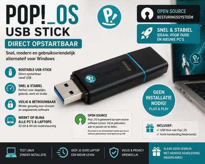 Pop! OS Linux 24.04 LTS USB Stick – Bootable – Direct Opstartbaar – Snel & Gebruiksvriendelijk