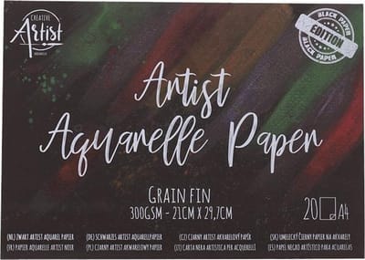 Creative Artist Aquarelblok Zwart Papier - 20 Vellen - Fijne Korrel - Voor Aquarel en Tekentechnieken