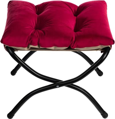 Voetensteun, klapkruk, opvouwbare kruk met metalen poten, afneembaar, gestoffeerde zitting van fluweel, rood (47 x 36 x 36 cm)