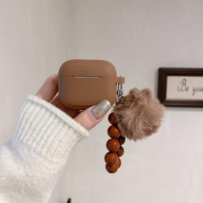 Voor Apple AirPods Pro 3 Hoesje Melkthee Karamel Zwart Kleur Voor AirPods 4 3 2 1 Pro2 Pro Hoofdtelefoon Shell Met Bontbal Kralenketting For AirPods Pro