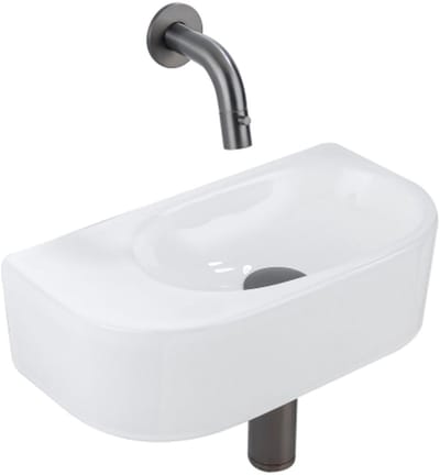 QeramiQ Fuente Fonteinset - 40x21.5x12cm - glad - halfrond - keramiek - fonteinkraan gunmetal - afvoerplug - verlaagd sifon - wit glans