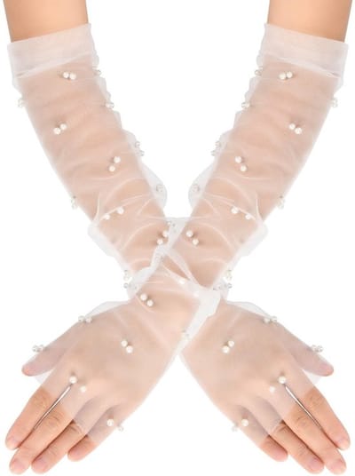 Bruidshandschoenen lange vingerloos - Tule handschoenen - Transparante handschoenen - Kanten handschoenen - Parels - Exclusief ontwerp - Theepartijhandschoenen