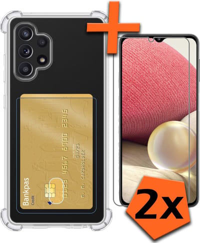 Hoes - Geschikt voor Samsung Galaxy A32 5G - Met 2x Screenprotector - Pashouder - Kaarthouder - Telefoon Hoesje Shockproof - Siliconen Case - Back Cover - Shock Proof - Pasjes Houder - Transparant