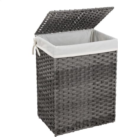 Hoppa! Wasmand Handgeweven | 90 L | Synthetische Rotan Wasmand | Met Deksel en Handvatten | Opvouwbaar | Waszak Afneembaar | Grijs