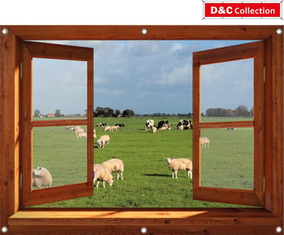 Poster doorkijk dieren - tuinposter - 95x130 cm - doorkijk - bruin venster - Hollands landschap - koeien - schapen - weiland - blauwe lucht