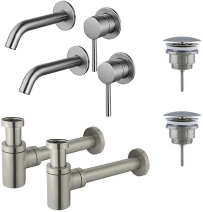 FugaFlow Eccelente Sobrado Badkamer Slim Wastafelkraanset - voor dubbele wastafel - inbouw wastafelkraan - always open plug - verlaagde design sifon - PVD Geborsteld RVS