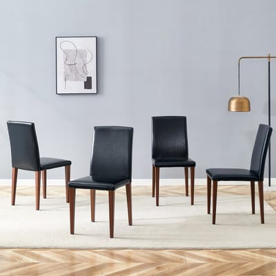 [Set van 4 minimalistische eetkamerstoelen] Lichtgewicht luxe in Europese stijl, uitgevoerd in zwart en walnoot: zwart PU-leer + metalen poten met diepe walnootlook. Past perfect in moderne eetkamers.