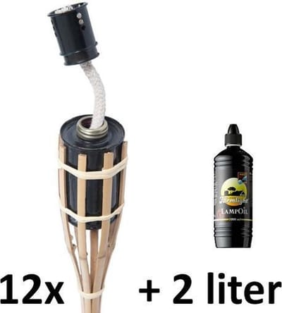 12 stuks Bamboe tuinfakkel 65 cm lichtbruin (7 uur) met 2 liter fakkelolie