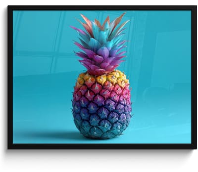 Poster in lijst - Fotolijst 80x60 cm - Posters - Ananas - Regenboog - Blauw - Popart - Posterlijst zwart - Decoratie - Wanddecoratie woonkamer - Muurdecoratie slaapkamer