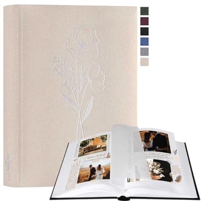 Fotoalbum voor Scrapbooking - Klein Linnen Doe-Het-Zelf Album met 60 Witte Pagina's en Cellofaanscheiders voor Foto's 9 x 13 cm, 10 x 15 cm, 13 x 18 cm (Beige, 19 x 27 cm)