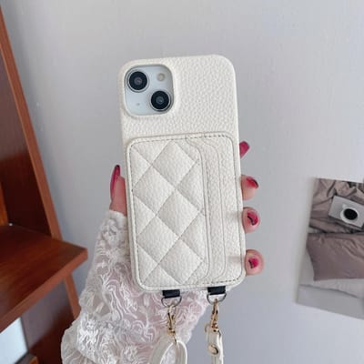 Luxe Kaartsleufhouder Crossbody Lanyard Telefoonhoesje voor IPhone 15 14 Plus 13 12 11 Pro Max Portemonnee Riem Koord Tas Lederen Hoes iPhone 15 Pro white