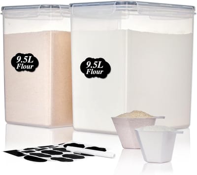 SnelShoppen - 2-delige set meelopslag 9,5 l - Luchtdichte plastic voedselopslagbox - BPA-vrij - Keuken organizer voor suiker, rijst, muesli - Grote vo