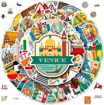 SnelShoppen - Sticker Travel naar Italië, 100 Stuks Reisstickers voor Laptop, Scrapbooking, Koffer, Aesthetic Stickers voor Buiten, Toeristische Attra