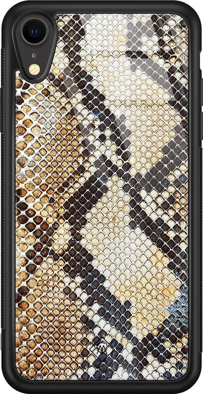Casimoda® hoesje - Geschikt voor iPhone XR - Snake / Slangenprint bruin - Luxe Hard Case Zwart - Backcover telefoonhoesje - Goudkleurig