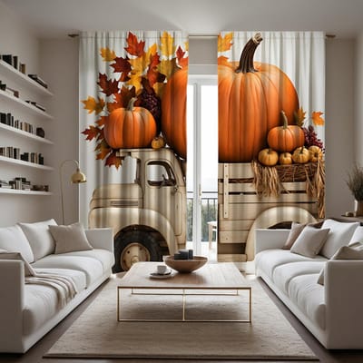 2 pièces Rideau décoratif camion citrouille Thanksgiving HD Rideau imprimé numériquement à nouer jaune Décoration de maison style Décoré salon ro W52H63inchW132H160cm orange