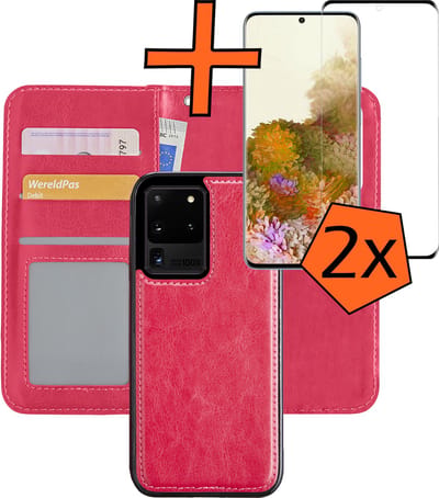 Hoes - 2 in 1 - Geschikt voor Samsung Galaxy S20 Ultra - Met 2x Screenprotector - En Uitneembare Hard Cover - Bookcase - Wallet Case - Met Pasjeshouder - Book Case - Uitneembaar - Pashouder - Kunstleer - Donkerroze