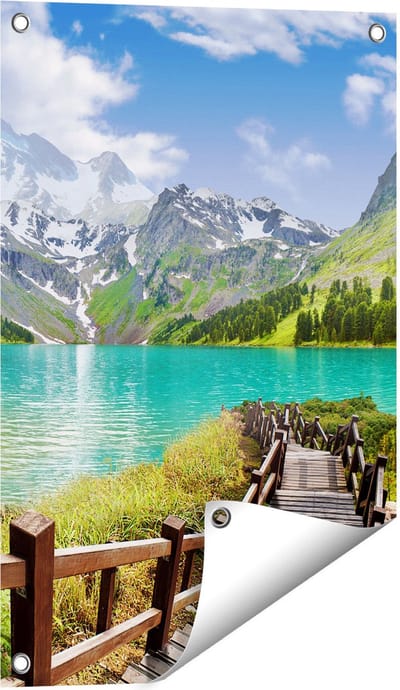 Gards Tuinposter Pad naar een Helder Blauw Meer in de Bergen - 40x60 cm - Tuindoek - Tuindecoratie - Wanddecoratie buiten - Tuinschilderij
