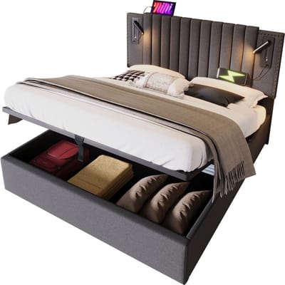 Wishdor – Gestoffeerd Bed 140x200 cm – USB‑C Leeslamp & Verstelbaar Hoofdbord – Matras Inbegrepen – Katoen Grijs