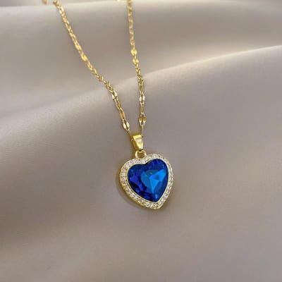 Dames 316L Roestvrij Staal Hartvormige Hanger Ketting met Grote Blauwe Zirkonia Mode Sleutelbeen Ketting Sieraden Cadeau voor Meisjes gray