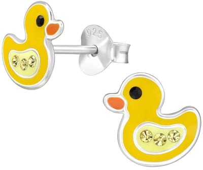 Joy|S - Zilveren eend oorbellen - 8 mm - geel - kristal - kinderoorbellen - eendje oorknoppen - sterling zilver 925