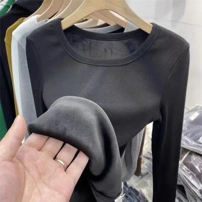 Winter Thermisch Ondergoed Dames Plus Fleece Binnenkant met Een Slim-fit Onderkant Shirt Ronde Hals Lange Mouw T-shirt Top M zwart