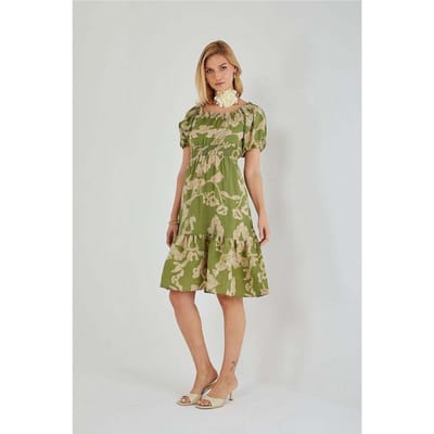 Bloemige Rimpelde Midi Jurk met Off-Shoulder en Strikdetail