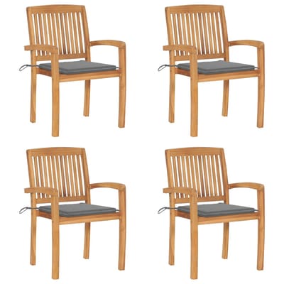 vidaXL - Tuinstoelen - stapelbaar - 4 - st - met - kussens - massief - teakhout