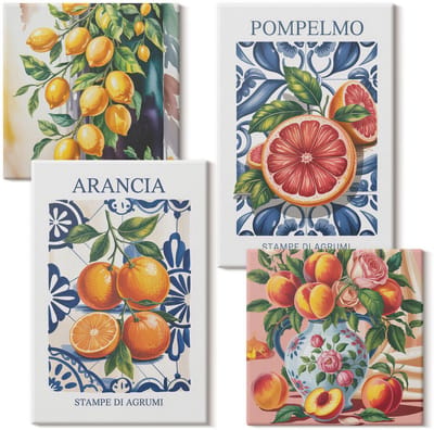 Wallfluent Set van canvas schilderijen - Modeposters met citrusvruchten in Italiaanse stijl Canvas Schilderijen Set - Set van 4 Canvas Schilderijen - Oranje Set van Canvas Prints - Natuur Canvas Kunst Set - Boheemse Canvas Kunst Set