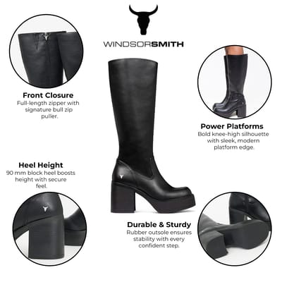 Windsorsmith Dames Zwarte Kunstleren Kniehoge Platform Hak Laarzen - Niche