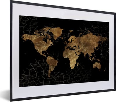 Poster in lijst - Fotolijst 60x40 cm - Posters - Wereldkaart - Marmer - Goud - Posterlijst zwart - Decoratie - Wanddecoratie woonkamer - Muurdecoratie slaapkamer